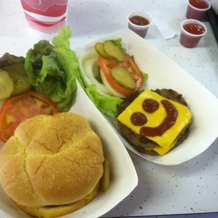 Burgers without a bun are served with a smile.