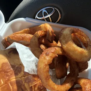 Onion rings and burger for me