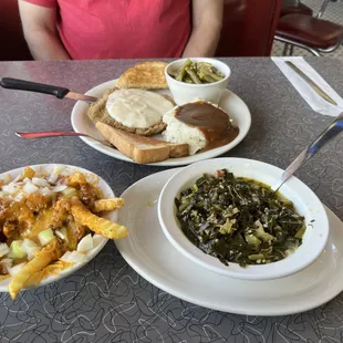 Chili cheese, fries, app, add onions, colored greens, side, and country fried steak.