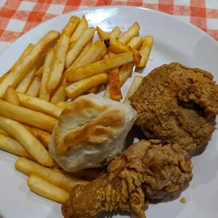 2 piece fried chicken, fries, and biscuit