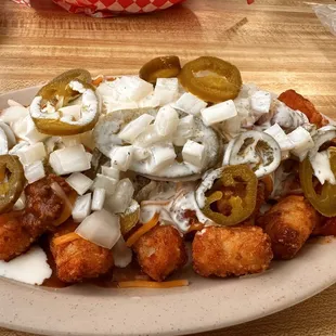 Chili cheese tater tots jalapeno onion and ranch