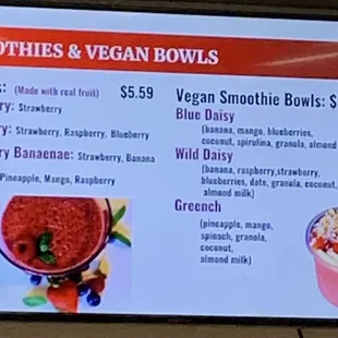 a menu for smoothies and vegan bowls