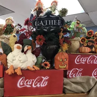 a display of flowers and decorations