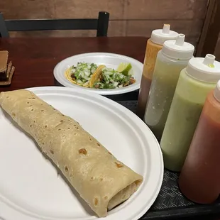 Breakfast burrito, pastor tacos
