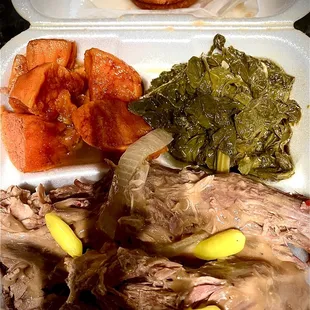 Turkey Necks, Fresh Greens, Yams and Cornbread