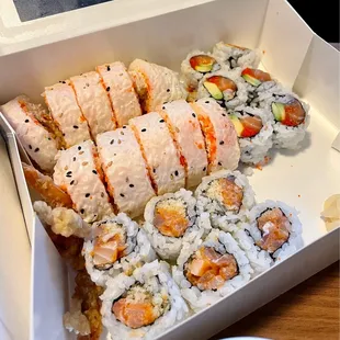 Po' boy roll, dynamite roll, and salmon avocado roll