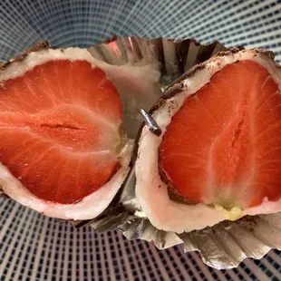 Inside the fresh strawberry/chocolate mochi