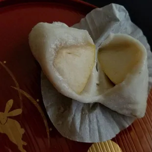 Pear mochi with sweet white beans