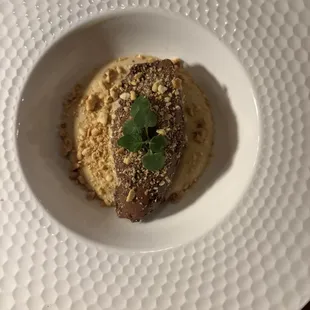 Chocolate bourbon hazelnut mousse with blood orange crème anglaise