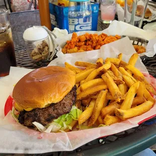 Burger, fries, and Buffalo death tots