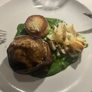 petite filet, potato cake, and puréed aspargus