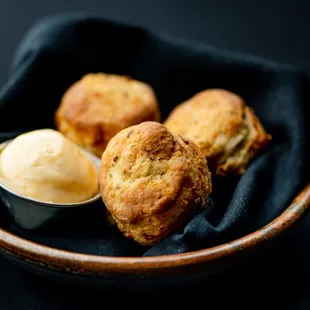 a bowl of biscuits and a bowl of ice cream