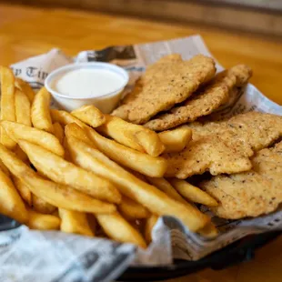 Chicken Tender basket and French fries. With our famous homemade ranch dressing!