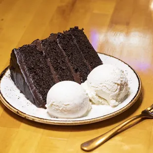 Chocolate tower cake with vanilla bean ice cream.