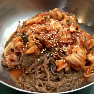 Bibim naengmyun. Seemed to be a few different types of kimchi with cold buckwheat noodles