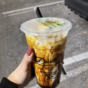 Brown sugar milk tea latte with boba