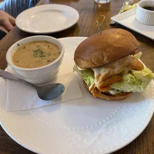 Spicy Korean-style Chicken Burger with creamy chicken poblano soup
