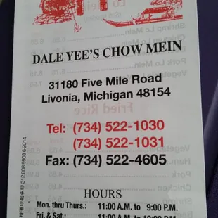 Phone number and hours