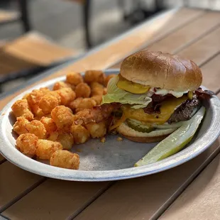 Bacon Cheeseburger and tater tots.