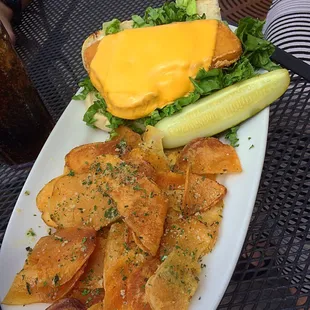 Fish sandwich with cheese. Chips with Parmesan seasoning.