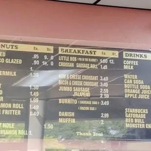 menu and prices