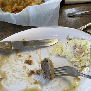 Country fried steak (the last bite) and home made chips. Best country fried steak. You can see the quality of the meat. Delicious!