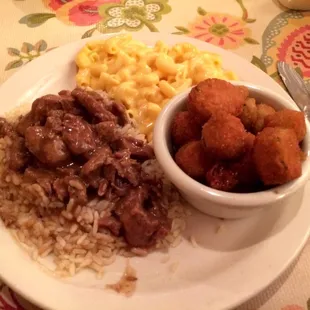 Beef Tips over Rice, Fried Okra, Mac &amp; Cheese.