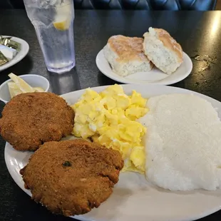 Salmon Crocketts,eggs,grits.