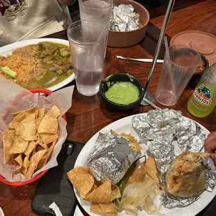 Bean rice and cheese burrito and carne de chile verde plate