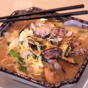 Da lu noodles ($12.95) - yum. Broth is eggy and seafood-y and great. Lots of clams on top.