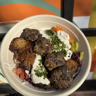 Moroccan Beef Kabobs, eggplant, Bowl