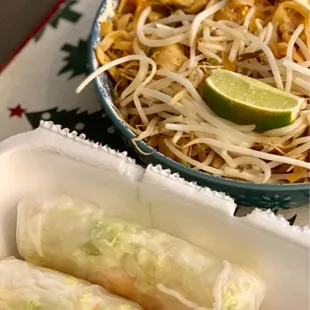 Spring roles with peanut dipping sauce.