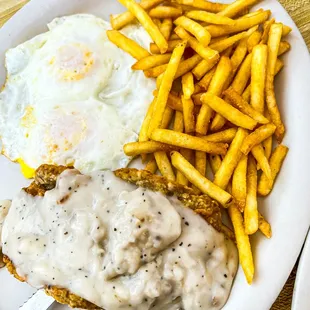 a plate of fried chicken with gravy and french fries