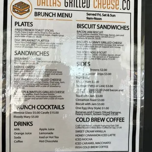 Dallas Grilled Cheese Brunch menu and regular menu