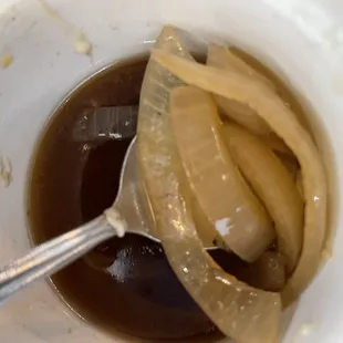 Onions in the French onion soup are on the thicker side