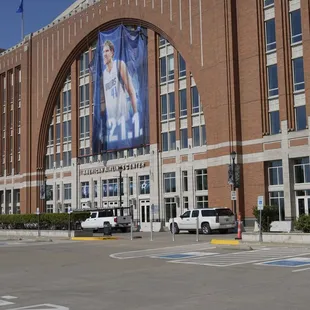 Dallas Mavericks.  Dirk banner outside the arena.