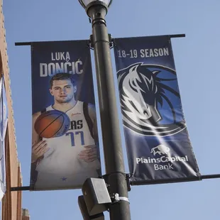 Dallas Mavericks.  Luka Doncic banner in front of the arena.
