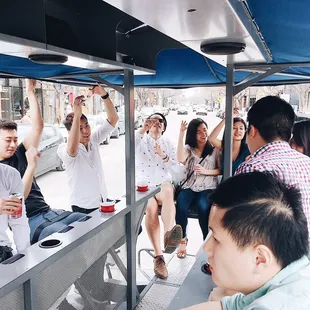 a group of people on a city street