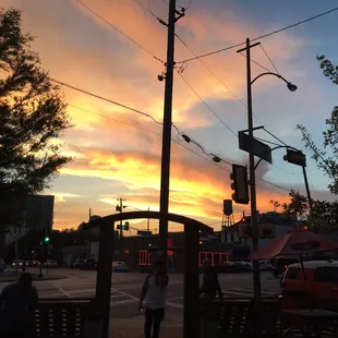 a city street at sunset