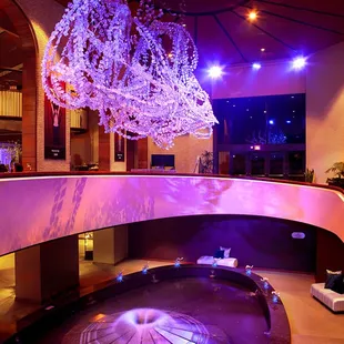 The chandelier and fountain inside the Music Hall at Fair Park.