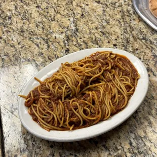 Spaghetti with Meatsauce  
Served with fresh hot bread &amp; your choice soup or salad.
