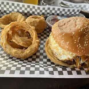 SkyD Burger with onion rings