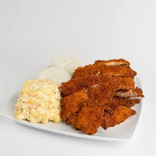 Katsu Chicken Plate boneless chicken, breaded and fried to perfection, served with our special dipping sauce, macaroni salad, and rice