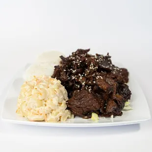 Teriyaki Beef Plate Enjoy tender beef, marinated in our Hawaii-inspired teriyaki sauce, served with macaroni salad and rice