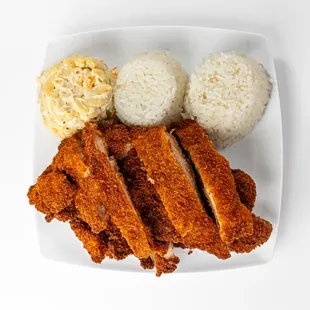 Katsu Chicken Plate boneless chicken, breaded and fried to perfection, served with our special dipping sauce, macaroni salad, and rice