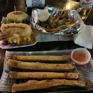 Soft shell crab sliders, fries and some fried rolls