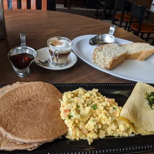 Vegan breakfast - teff pancakes, just egg scramble, and spinach crepe