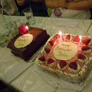 Vegan birthday cakes at Dama. At left: chocolate raspberry with ganache &amp; chambord. @ right: raspberry-lime mousse w/ chocolate.