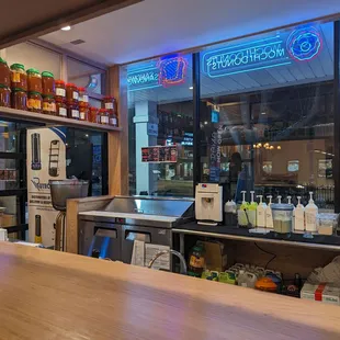 a view of a counter in a restaurant