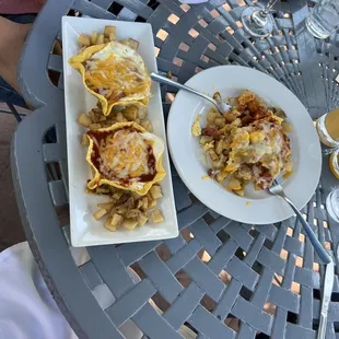 Huevos rancheros and loaded potatoes